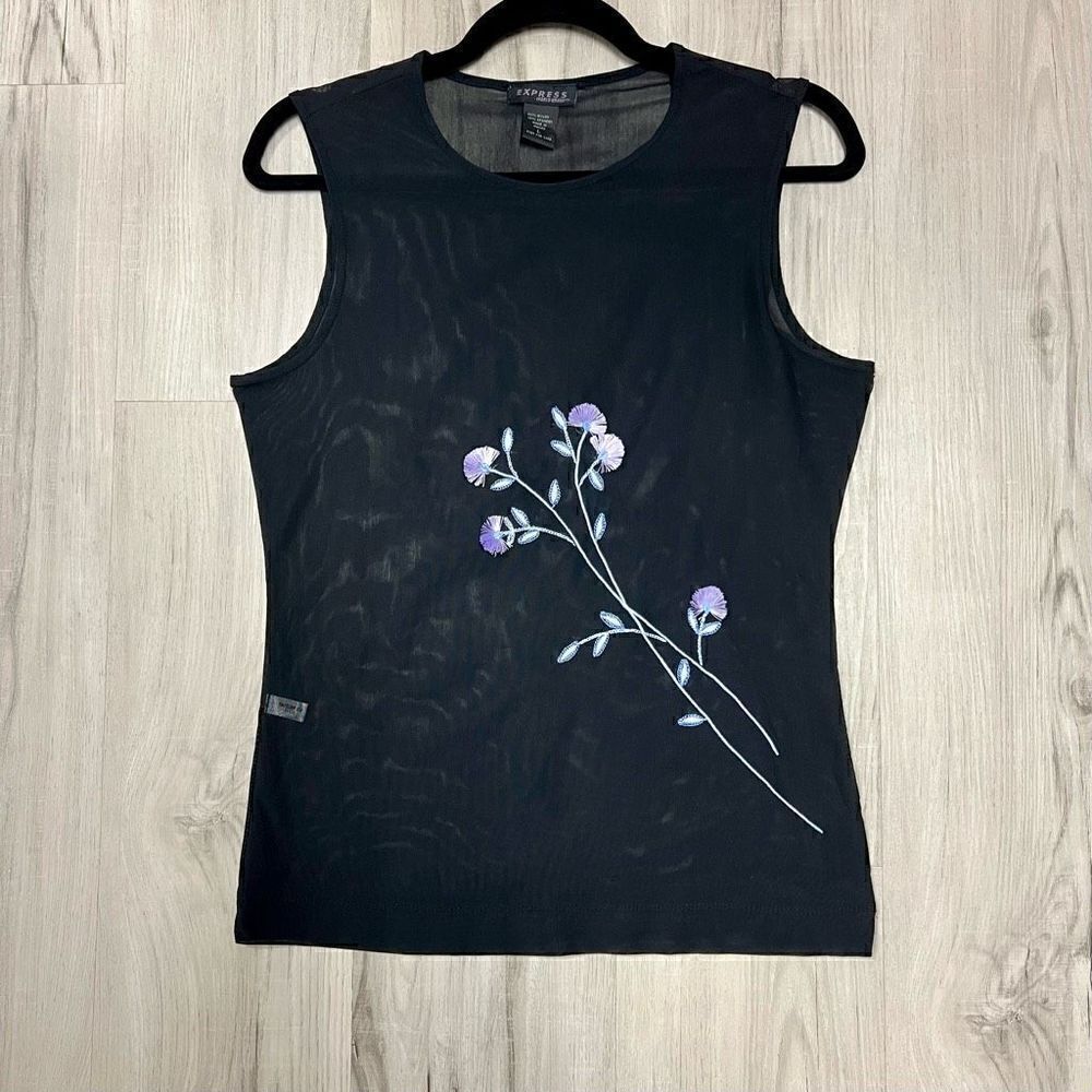 NWOT y2k vintage deadstock Express tank sheer black with floral embroidery sz L - Picture 8 of 12